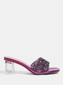 CUCCOO TILAWA Transparent Asymmetrical Chunky Heel Women's Glass Rhinestone Sandals - Purple - View 11