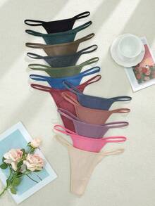 SHEIN 12 piezas/paquete Bragas tipo tanga acanaladas para mujer - Multicolor - Ver 1