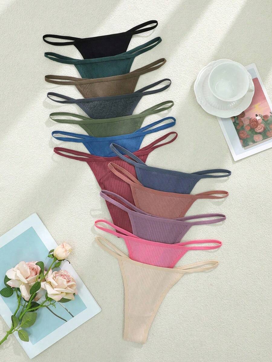 SHEIN 12 piezas/paquete Bragas tipo tanga acanaladas para mujer - Multicolor - Ver 1