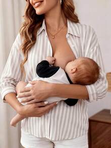 SHEIN Maternity Outdoor Lightweight Button-Up Nursing Shirt - Khaki - View 3