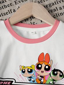 THE POWERPUFF GIRLS X SHEIN 2件套 女童花朵、泡泡、毛茛图案撞色短袖T恤和短裤套装 - 白色 - 查看 3