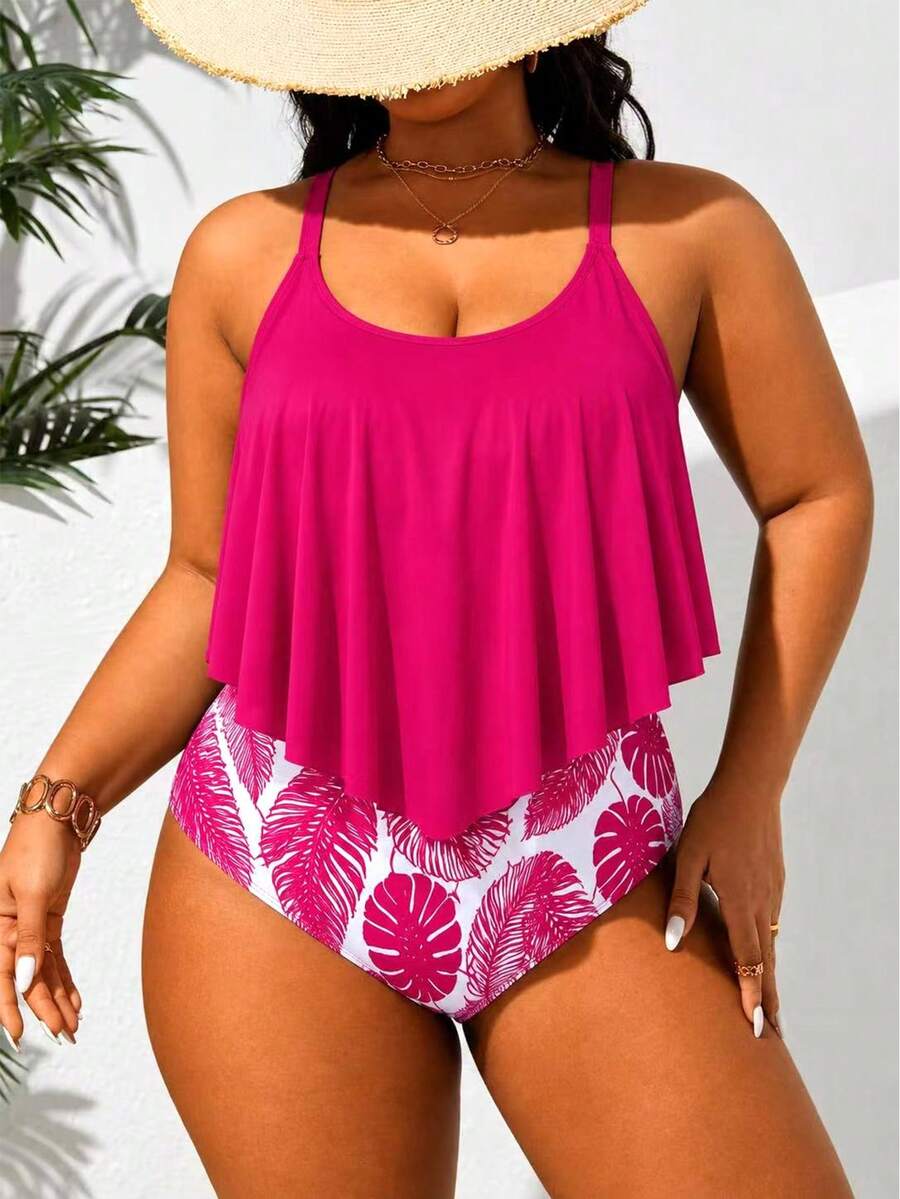 Swim Lushoire 女款大尺碼陽光海灘度假印花細肩帶連身泳衣 粉色夏季菲律賓風優雅款 - 彩色 - 查看 1