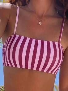 Swim Mod Women's Spring/Summer Vacation Casual Sexy Random Print Striped Bandeau Top And Sexy High Waist Bikini Bottom 2pcs Set - Multicolor - View 6