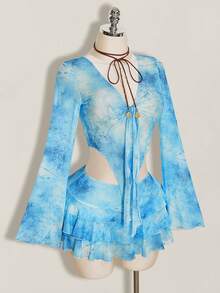 SHEIN ICON Vintage Distressed Print Open Front Mesh Top & Layered Hem Skirt Women's 2 Pieces Set - Blue - View 5
