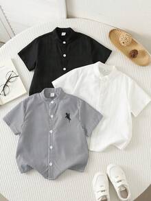 SHEIN 買2送1 3件組 少年男孩童裝休閒日常百搭時尚條紋立領短袖梭織襯衫上衣多件套裝，適合春夏季，適合日常穿著，適合運動，適合出遊，適合校園，適合派對，適合節慶，適合表演，適合拍照，適合開學季 - 彩色 - 查看 2