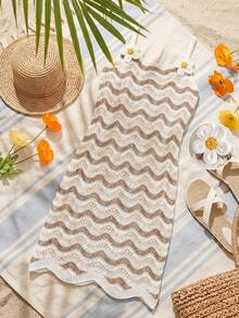 SHEIN Tween Girl 3D Floral Decor Wavy Pattern Colorblock Casual Vacation Cover-Up Strap Dress - Coffee Brown - View 2