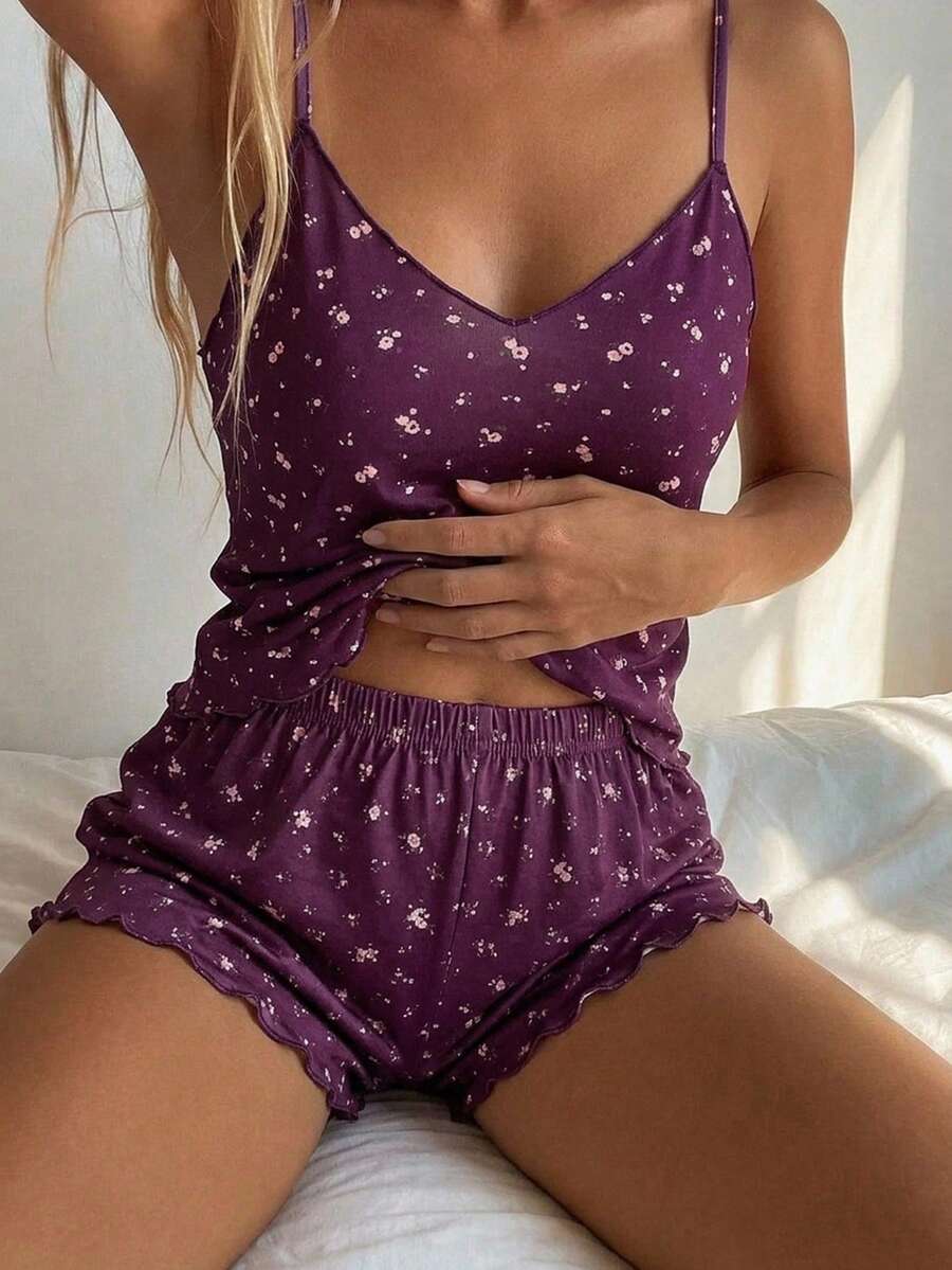 DAZY 甜美碎花無袖背心上衣與短款睡褲套裝,女款夏季睡衣套裝 - 紫色 - 查看 1