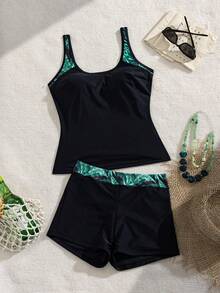 Swim Lushoire 女款夏季海灘熱帶印花拼接分體式比基尼套裝 - 黑色 - 查看 2