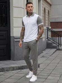 Manfinity CasualCool Men's Minimalist Button Half-Placket Short Sleeve Contrast Color Polo Shirt And Drawstring Waist Pocket Long Pants Set - White - View 3