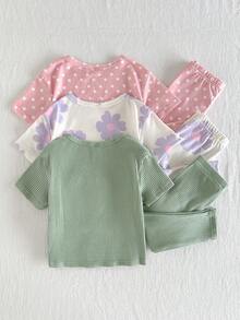 Cozy Pixies Baby Girl 6pcs Set Plant Floral Pattern Knit Soft Round Neck Short Sleeve Pullover Top Elastic Waist Long Pants - Green - View 2