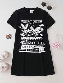THE POWERPUFF GIRLS X SHEIN 青少年女孩字母卡通印花圓領休閒日常外出洋裝 - 黑色 - 查看 7
