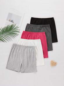 5pcs/Set Celana Pendek Legging Ketat Minimalis Nyaman untuk Anak Perempuan Warna Hitam Polos - MultiWarna - View 3