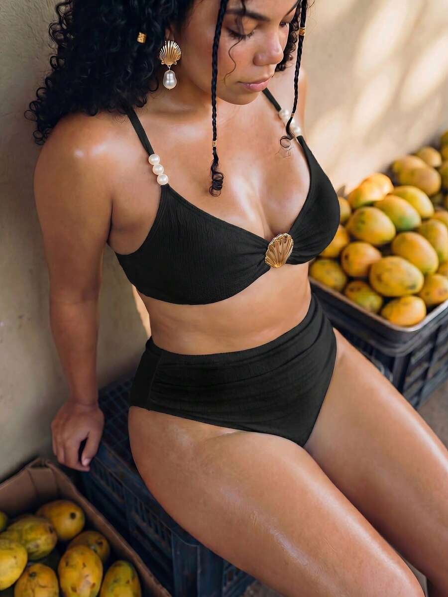 Swim Mod Plus Size Women 2pcs Solid Color Shell Decor Top High Waist Triangle Bikini Set Cute Beach Vacation Minimalist Daily Swimsuit - Black - View 1