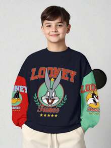 LOONEY TUNES X SHEIN 青少年男孩休闲拼色字母和兔子印花圆领运动衫，秋季 - 白色 - 查看 5