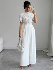 Elenzga 2026 Spring/Summer Elegant Outing & Date Multi-Occasion Small Stand Collar Lace Embroidered Patchwork Jumpsuit - White - View 8