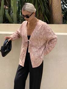 DAZY 女款標準版型寬鬆V領短袖綁帶刺繡布料灰粉色外套，適合通勤、夏秋旅行、波希米亞優雅日常穿搭 - 粉色 - 查看 6