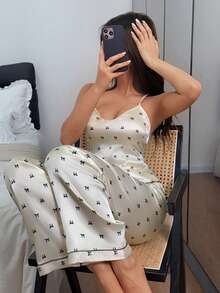 Dream Adore Bowknot Print Faux Silk Camisole & Long Pants Women's Pajama Set - Apricot - View 4