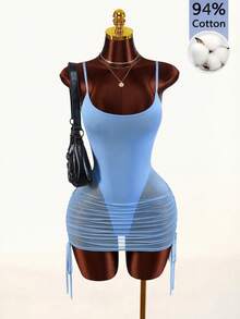 Amplova 2026 New Romantic Semi-Sheer Basic Fitted Comfortable Women's Mini Dress - Blue - View 2