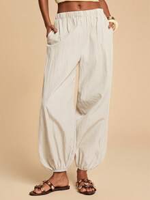 Travachic Women's Casual Solid Color Loose Elastic Waist Long Pants - Apricot - View 6