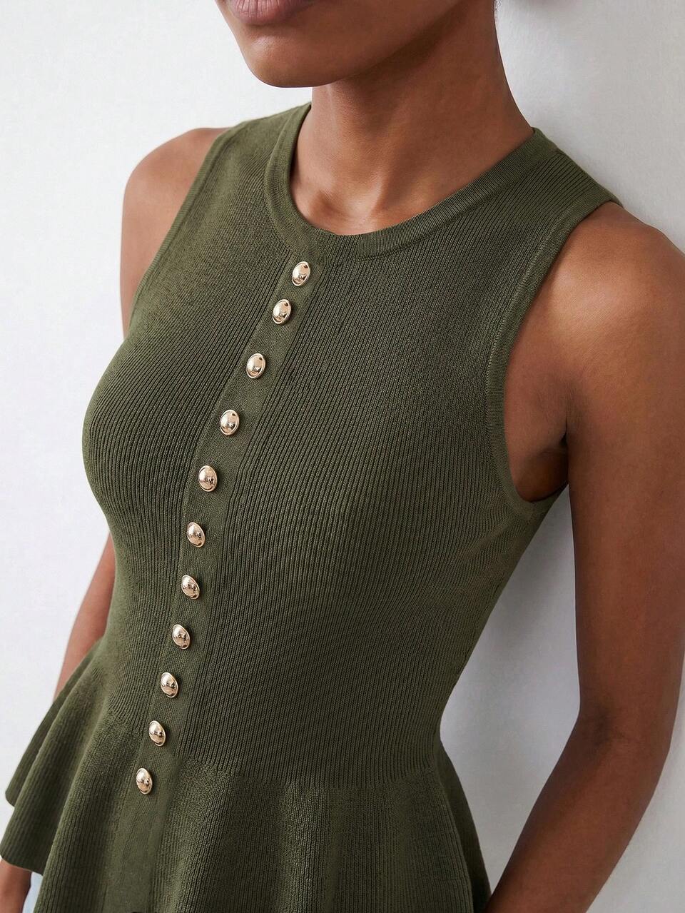 SHEIN Maija Women's Elegant Olive Green Ribbed Knit Top, Summer Brunch Casual Country Style Festival & Party Top, Beach Holidays, Summer