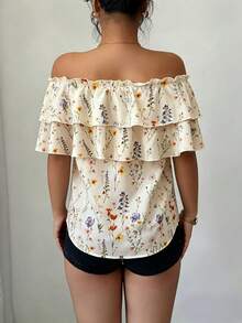Elenzga Women's Floral Ruffle Off-Shoulder Fashion Blouse - Apricot - View 2