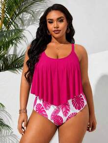 Swim Lushoire 女款大尺碼陽光海灘度假印花細肩帶連身泳衣 粉色夏季菲律賓風優雅款 - 彩色 - 查看 5