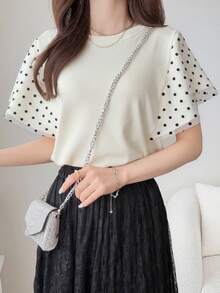 FRIFUL Women's Wavy Ruffle Edge Striped Loose Color Block Short Sleeve T-Shirt, Summer Top For Women - Apricot - View 6
