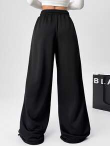 SHEIN EZwear 黑色針織女款抽繩腰寬腿寬鬆運動長褲 - 黑色 - 查看 5