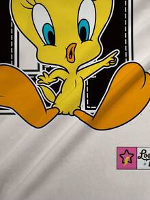 LOONEY TUNES X SHEIN 女款夏季休閒拼接撞色豹紋卡通字母圖案T恤 - 白色 - 查看 4
