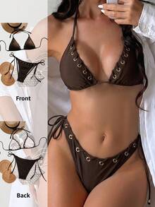 Swim SXY Women's Summer Beach Solid Color Keyhole Design Halter Tie Sexy Bikini Swimwear Set - Brown - View 5