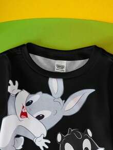 LOONEY TUNES X SHEIN 男婴可爱卡通动物印花长袖T恤和裤子修身睡衣套装 - 黑色 - 查看 4