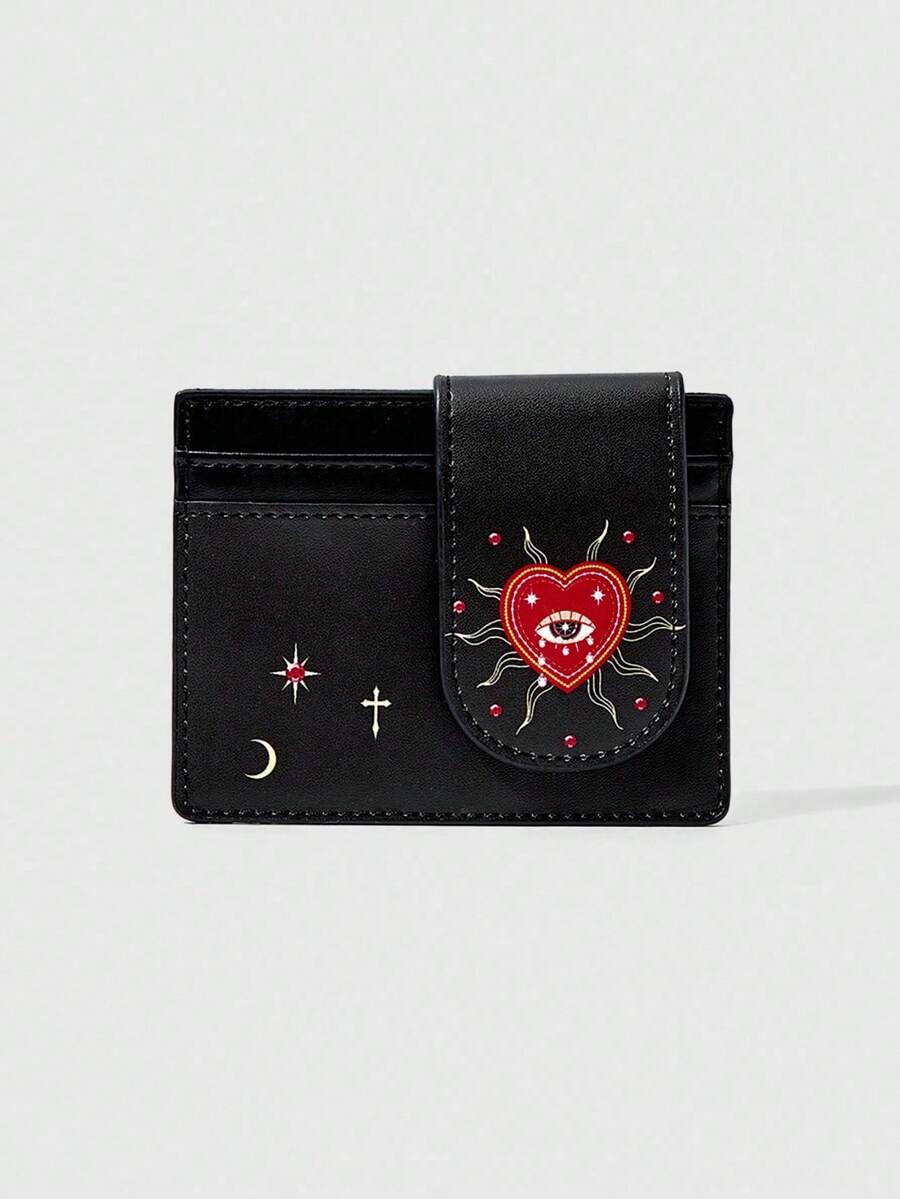 ROMWE Goth Vintage Dark Punk Print Multi-Compartment Storage Card Bag - Black print red - View 1