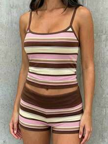 SHEIN EZwear Summer Colorblock Striped Camisole And Shorts Set - Multicolor - View 6