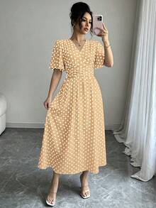 SHEIN LUNE 女款圓點圖案重疊V領荷葉邊短袖優雅洋裝 - 黃色 - 查看 1
