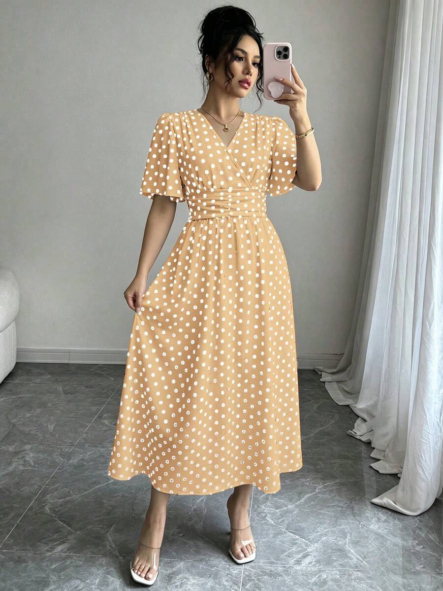 SHEIN LUNE 女款圓點圖案重疊V領荷葉邊短袖優雅洋裝 - 黃色 - 查看 1