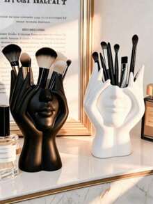 Black & White Human‑Shaped Makeup Brush Holder.Plastic Resin Creative Desktop Organizer,Cosmetic Brush Storage Rack For Vanity Table Bedroom Dresser Countertop,Stylish Home Desk Decor,Ideal Holiday Birthday Festival Gift For Makeup Lovers Girls Women - View 12
