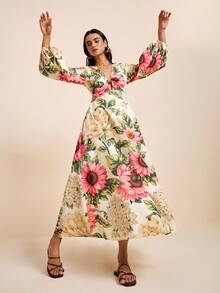 LOTSLUV Damen Herbst Hochzeit, Rosa und Weiß Polka Dot Blumen Tropen Allover Muster, V-Ausschnitt Langarm Twist Knoten Kleid, Elegant Romantisch Urlaub - Verschiedenfarbig - Übersicht 6