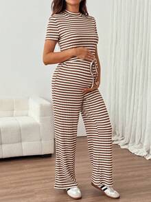 SHEIN 孕婦夏季休閒條紋T恤與長褲兩件套 - 棕色 - 查看 9