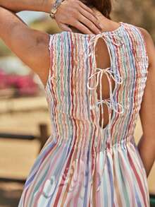 WESTFADE Smocked Bodice Tie Back Sleeveless Fit & Flare Multi Stripe Mini Dress, Country Style For Women, Summer Outfit, World Cup - Multicolor - View 6
