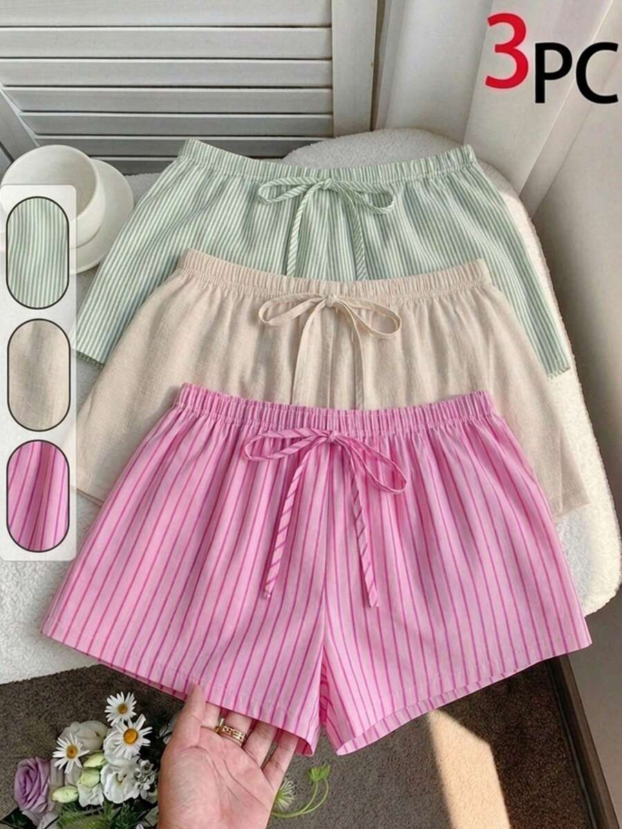 Comfortcana 3pcs/Set Comfortable Home Shorts Suitable For Summer Date Night Green Striped Beige Pink Stripe Casual - Multicolor - View 1