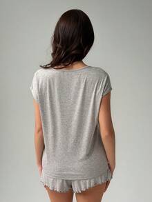 Livesso Women's Solid Color Short Sleeve T-Shirt And Shorts Loungewear Set - Grey - View 2