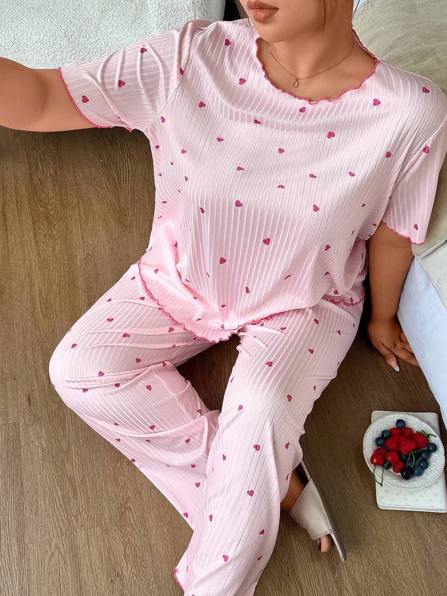 Napfluff CURVE Napfluff CURVE Conjunto de pijama acanalado para mujer talla grande con estampado romántico de corazones - Rosa - Ver 1