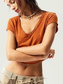 Bohemela Damen T-Shirt für Sommer und Ostern, einfarbig gestrickt, V-Ausschnitt, Kurzarm, figurbetont, gewaschen - Orange - Übersicht 6