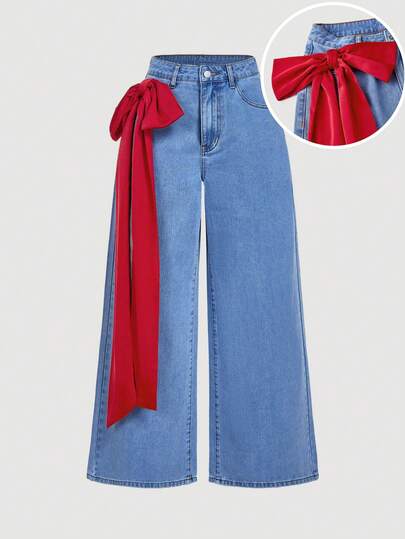 SHEIN MOD Plus Size Women's Side Waist Knot Wide Leg Loose Casual Denim Jeans