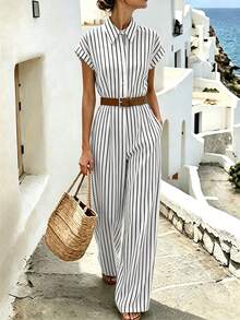 SHEIN Holidaya Women's Striped Fabric Shirt Collar Cap Sleeve Belt Decor Jumpsuit, Commuter Style - Black and White - View 1