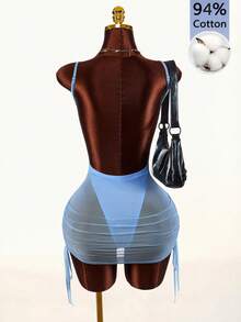 Amplova 2026 New Romantic Semi-Sheer Basic Fitted Comfortable Women's Mini Dress - Blue - View 4