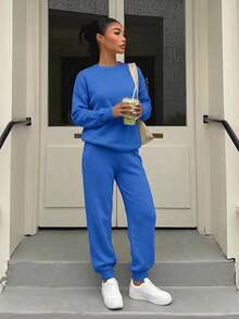 WOMEN SOFT TOUCH SWEATER AND SWEATER PANT Two Pieces OUTFİT CO-ORDS COOL - Royal Blue - View 4