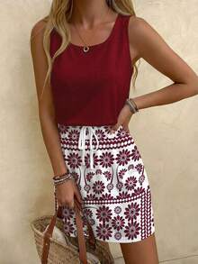 SHEIN LUNE Gaun Pendek Kasual Bermotif untuk Wanita, Cocok untuk Musim Semi dan Musim Panas - Burgundy - View 10