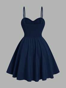 Sweetra Plus Size Women Solid Color Spaghetti Strap Cinched Waist Romantic Mini Dress - Navy Blue - View 2
