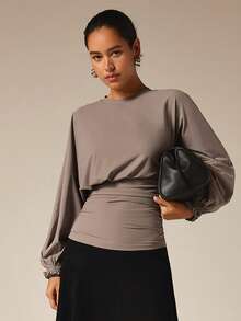 COSMINA Women's Elegant French Waist-Defining Lantern Sleeve Top Dinner Everyday Maroon Autumn - Mocha Brown - View 1